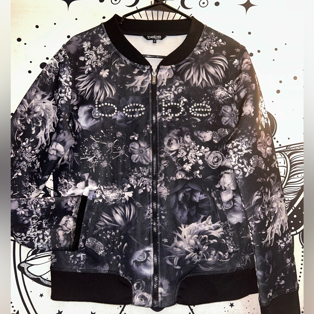 Bebe Black and White Floral Bomber Jacket
